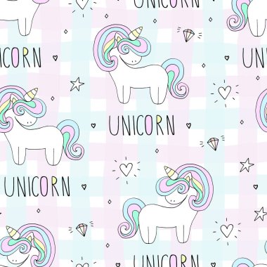 Şirin el tek boynuzlu at vektör desen çekilmiş. vektör çizim.