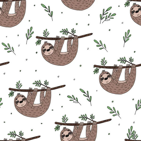 Seamless Pattern Cute Doodle Sloth Print — Stock Vector