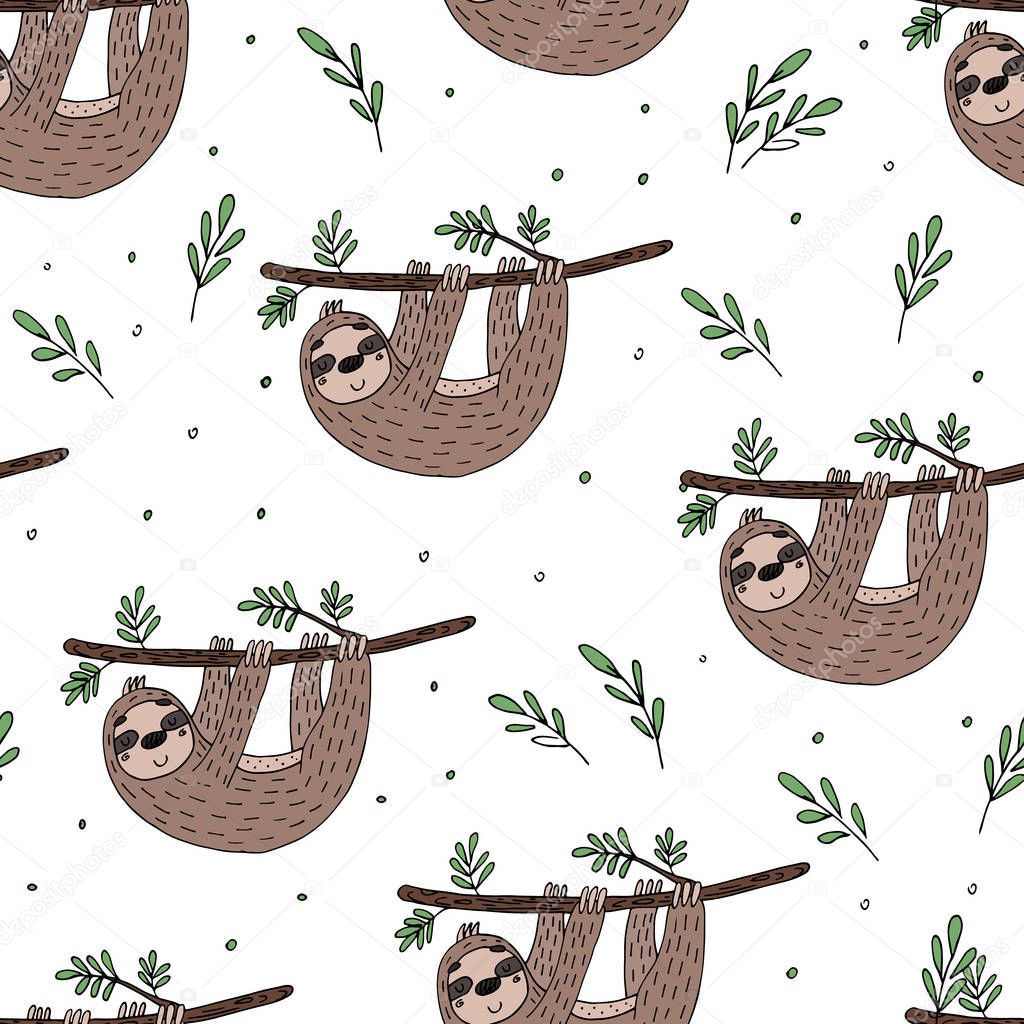 seamless pattern with cute doodle sloth print.
