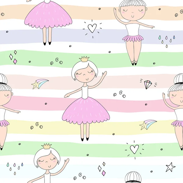 Cute Hand Drawn Cute Little Girl Vector Seamless Pattern Illustration — Stock Vector