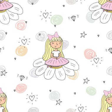 Şirin el sevimli küçük kız vektör Dikişsiz desen çizim ile çekilmiş.