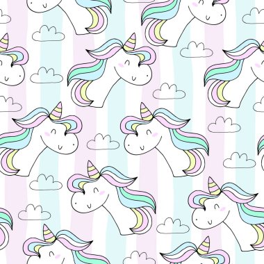 Şirin el tek boynuzlu at vektör desen çekilmiş. vektör çizim.