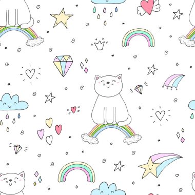 Bir gökkuşağı üzerinde şirin kedi ile çizilmiş seamless modeli el, çocuklar için illüstrasyon doodle, vektör yazdırma