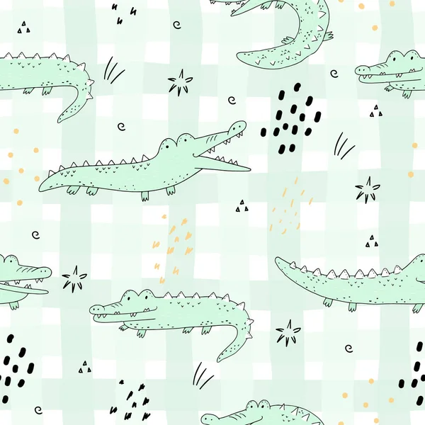 Aranyos Kézzel Rajzolt Varrat Nélküli Mintát Vicces Krokodilok — Stock Vector