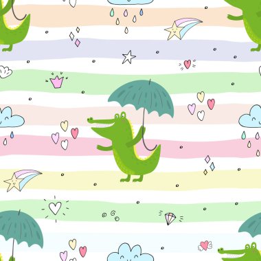 Şirin timsah ve şemsiye ile Seamless modeli. vektör yazdırma