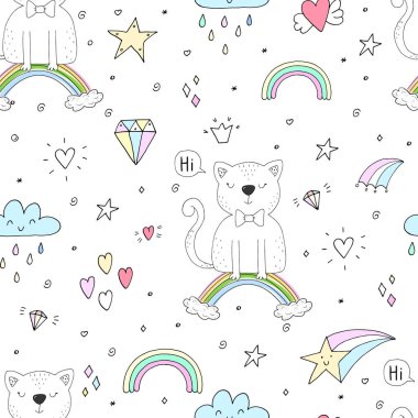 Bir gökkuşağı üzerinde şirin kedi ile çizilmiş seamless modeli el, çocuklar için illüstrasyon doodle, vektör yazdırma
