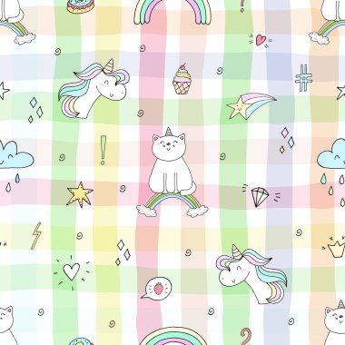 Bir gökkuşağı üzerinde şirin kedi ile çizilmiş seamless modeli el, çocuklar için illüstrasyon doodle, vektör yazdırma