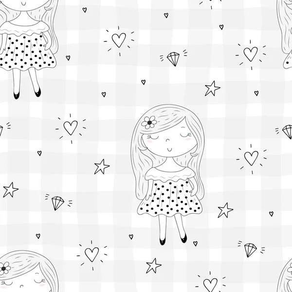 Cute Hand Drawn Cute Little Girl Vector Seamless Pattern Illustration — Stock Vector