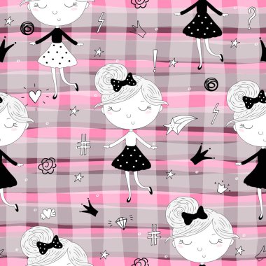 Şirin el sevimli küçük kız vektör Dikişsiz desen çizim ile çekilmiş