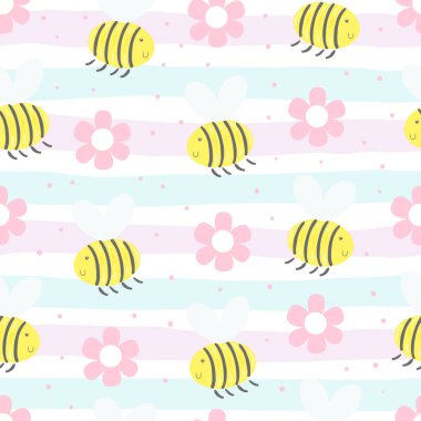 Arılar ve çiçekler ile şirin el çekilmiş seamless modeli