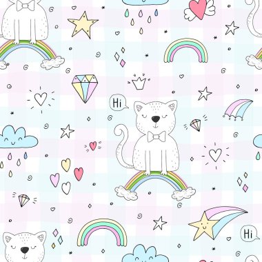 Bir gökkuşağı üzerinde şirin kedi ile çizilmiş seamless modeli el, çocuklar için illüstrasyon doodle, vektör yazdırma