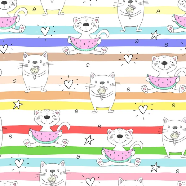Cute hand drawn cats colorful seamless pattern background.