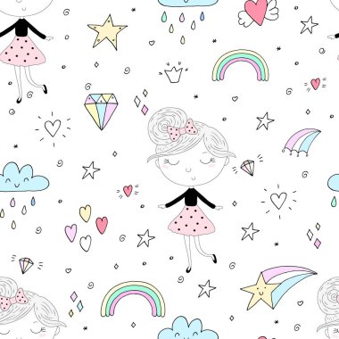Şirin el sevimli küçük kız vektör Dikişsiz desen çizim ile çekilmiş.