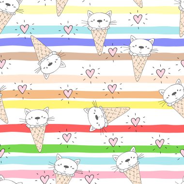 Şirin kedi ile çizilmiş seamless modeli el, çocuklar için illüstrasyon doodle, vektör yazdırma