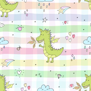 Şirin el çekilmiş Dikişsiz desen komik ejderha ile.