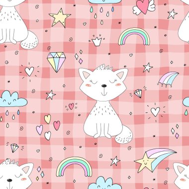 Şirin küçük kedi ile Seamless modeli. vektör çizim.