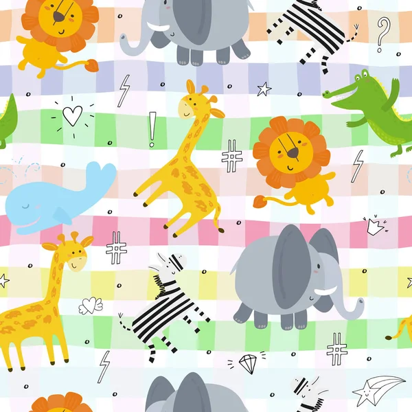 Cute Hand Drawn Funny Animals Seamless Pattern — Stock Vector