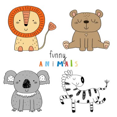 Sevimli hayvanlar sevimli el çizilmiş vektör çizimi. Vektör çizim.