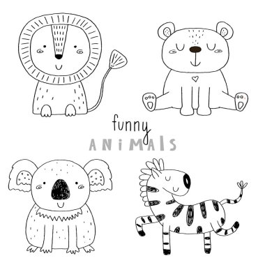 Sevimli hayvanlar sevimli el çizilmiş vektör çizimi. Vektör çizim