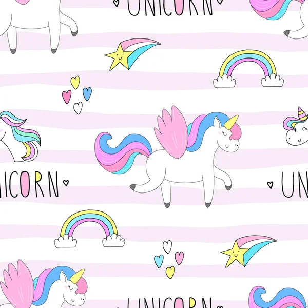 Tangan yang lucu menggambar pola vektor unicorn. ilustrasi vektor . - Stok Vektor