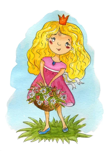 Hand Drawn cute cartoon little princes. Cute girl watercolor illustration.