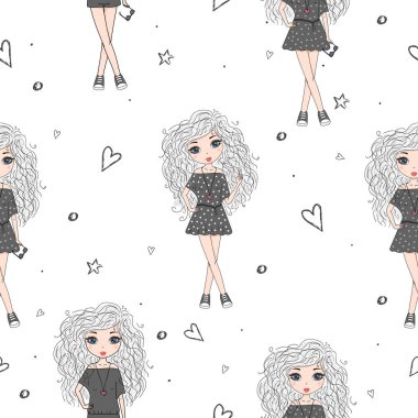 Şirin el sevimli küçük kız vektör Dikişsiz desen çizim ile çekilmiş