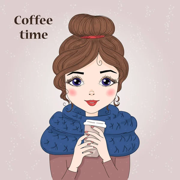 Mano disegnato bella ragazza carina con il caffè nelle sue mani. Illustrazione vettoriale . — Vettoriale Stock