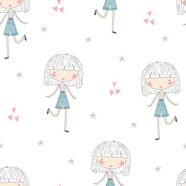 Sevimli küçük kız vektör Dikişsiz desen çizim