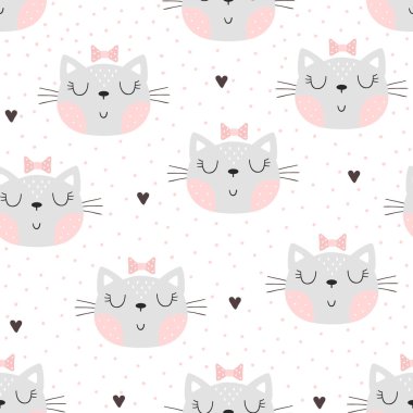 Şirin küçük kedi ile Seamless modeli. vektör çizim.