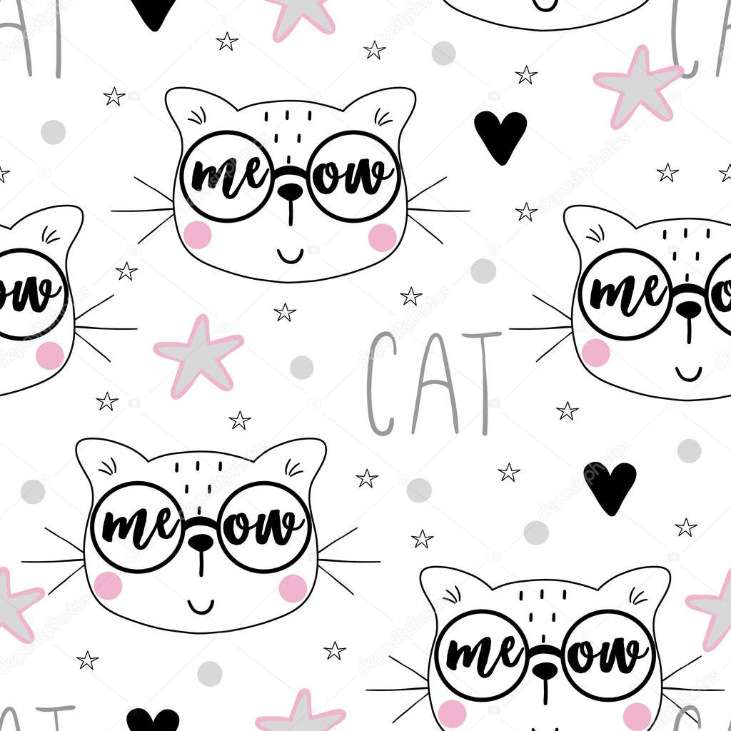 Seamless pattern with cute little cat. vector illustration