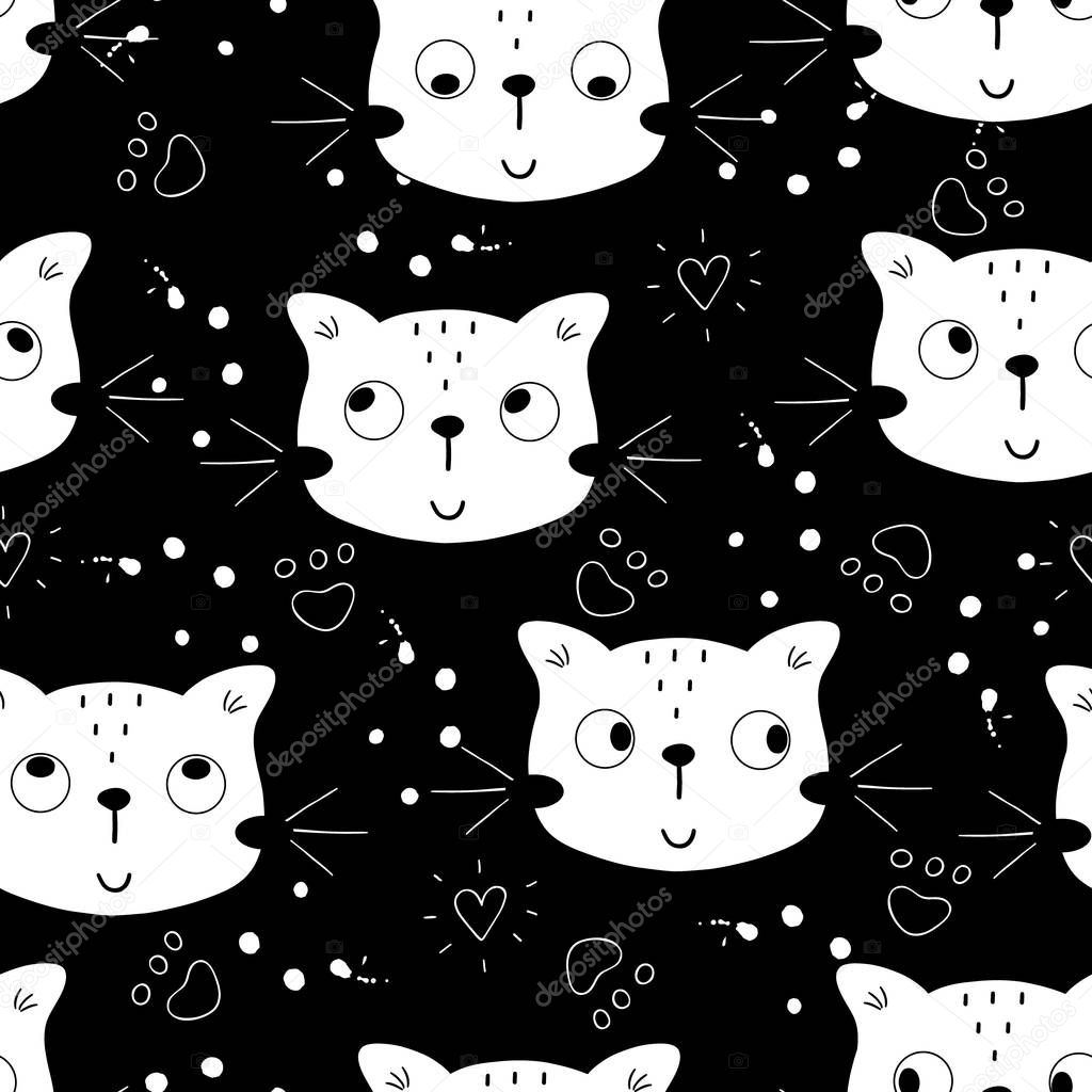 Seamless pattern with cute little cat. vector illustration