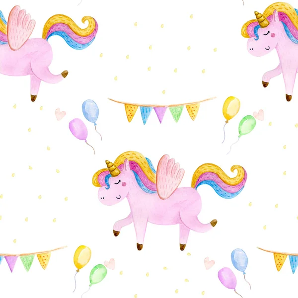 Cute watercolor seamless pattern with unicorn. Nursery unicorns illustration. — Stock Photo, Image
