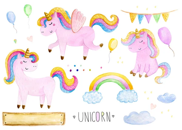 Beautiful rainbow watercolor unicorns set. Nursery unicorns illustration.
