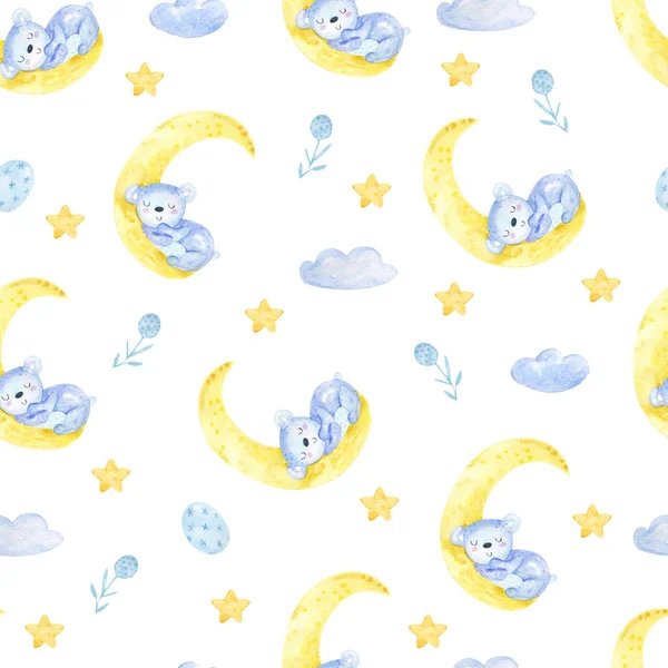 Cute seamless pattern with funny bear and moon. Nursery teddy bear illustration.
