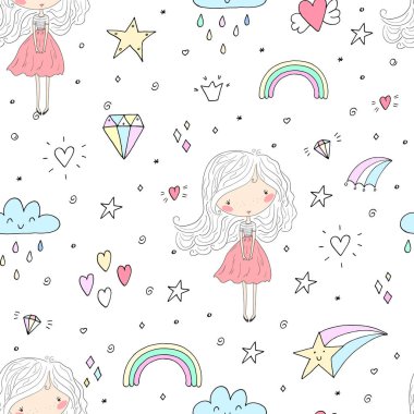 Sevimli küçük kız vektör Dikişsiz desen çizim