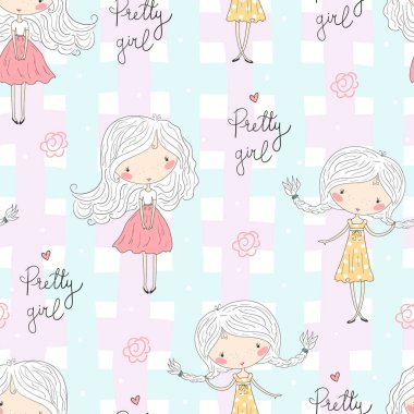 Sevimli küçük kız vektör Dikişsiz desen çizim