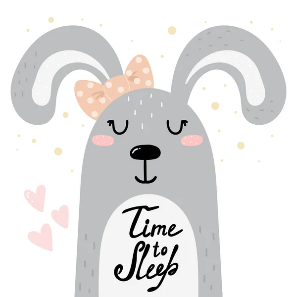 Hora bonito de cartão de dormir com coelho desenhado à mão. impressão vetorial . — Vetor de Stock
