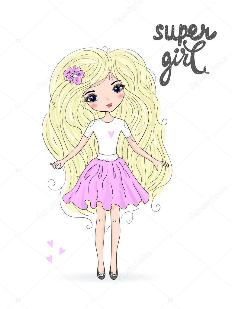 Hand drawn beautiful cute blonde girl with an inscription super girl. Vector illustration.