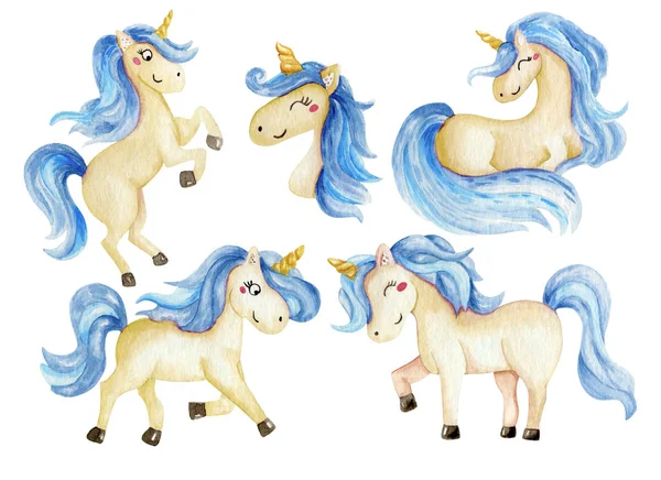 Beautiful rainbow watercolor unicorns set. Nursery unicorns illustration. — Stock Photo, Image