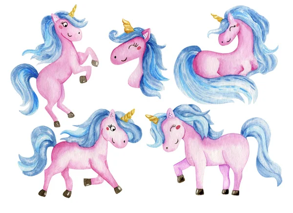 Beautiful rainbow watercolor unicorns set. Nursery unicorns illustration. — Stock Photo, Image