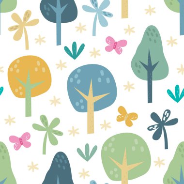 Orman elementlerinin vektör illüstrasyonunun kusursuz deseni