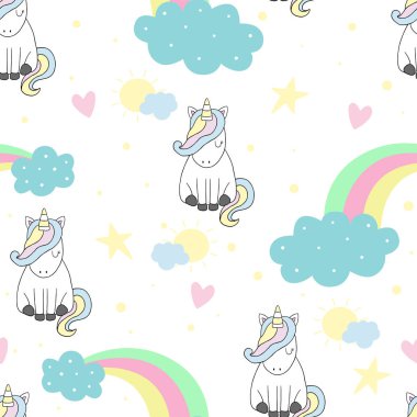 Sevimli tek boynuzlu atlar, yıldızlar ve gezegen ile el çizilmiş dikişsiz vektör deseni. Beyaz arka planda tekrarlayan duvar kağıdı.