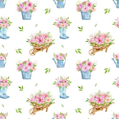 Çiçekler, galoşlar, el arabası bohem suluboya dekorasyon deseni ile suluboya dikişsiz desen. Davet, düğün veya tebrik kartları için tasarım