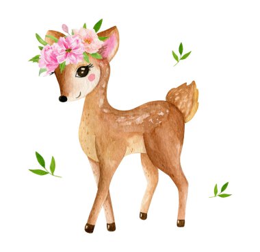 Anaokulu için sevimli bir geyik yavrusu, çocuk kıyafetleri ve desenler için izole edilmiş bebek bedeni. Telefon kılıfları için suluboya El tasarımı, bebek odası posterleri, kartpostallar