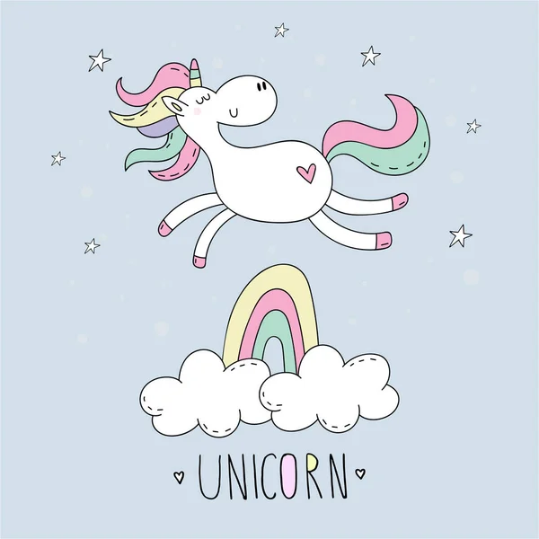 Schattig hand getekende cartoon karakter Unicorn. vector illustratie. Print voor kinderen. — Stockvector