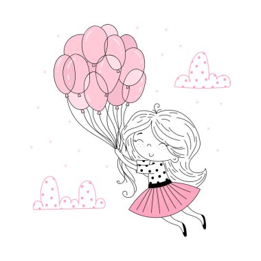 Pembe li sevimli kız pembe şemsiyesiyle gökyüzünde uçuyor. Tekstil giyim baskı, duvar sanatı gibi girlish tasarımlar için Vektör komik doodle illüstrasyon. El çizilmiş sevimli moda karikatür kız.