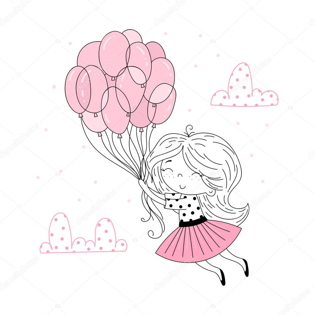 Cute little girl in pink flying away in the sky with her pink umbrella. Vector funny doodle illustration for girlish designs like textile apparel print, wall art. Hand drawn cute fashion cartoon girl.
