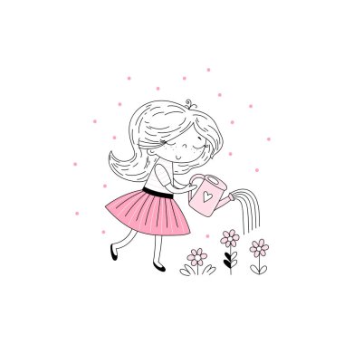 Çiçekleri sulayan sevimli küçük kız. Bebek kız kumaşı için mükemmel. Tekstil giyim baskı, duvar sanatı gibi girlish tasarımlar için Vektör komik doodle illüstrasyon. El çizilmiş sevimli moda karikatür kız