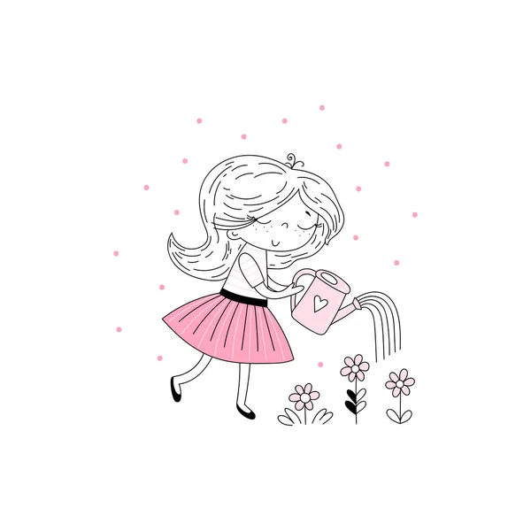 Söpö tyttö kastelemassa kukkia. Täydellinen vauva tyttö kangas. Vektori hauska doodle kuvitus tyttömäinen malleja, kuten tekstiili vaatteet tulostaa, seinä taidetta. Käsin piirretty söpö muoti sarjakuva tyttö — vektorikuva