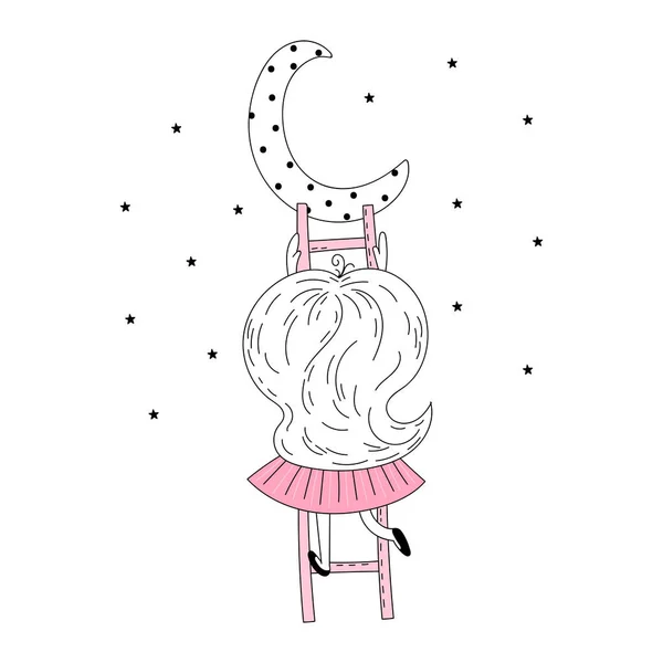 Cute little girl on stairs reaching for her moon. Vector doodle illustration in pink colour for girlish designs like textile apparel print, wall art, poster. — Stock Vector